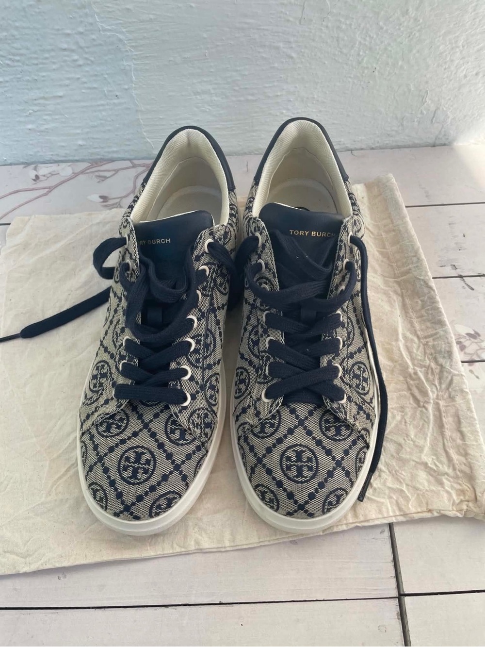 Tory Burch Navy & Cream Logo Canvas Low-Top Sneakers